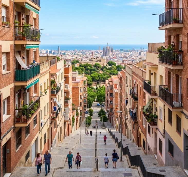 Vistas de las calles empinadas, bloques de pisos y miradores en El Carmel, Barcelona